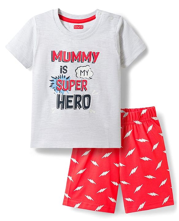 Babyhug 100% Cotton Knit Half Sleeves T-Shirt & Shorts Night Suit With Super Hero Print - White & Red