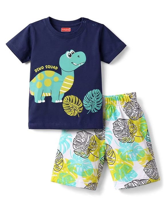 Babyhug 100% Cotton Knit Half Sleeves T-Shirt & Shorts Night Suit With Leaf & Dino Print - Blue