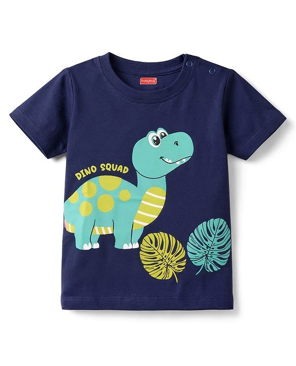 Babyhug 100% Cotton Knit Half Sleeves T-Shirt & Shorts Night Suit With Leaf & Dino Print - Blue
