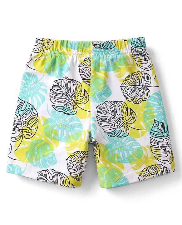 Babyhug 100% Cotton Knit Half Sleeves T-Shirt & Shorts Night Suit With Leaf & Dino Print - Blue