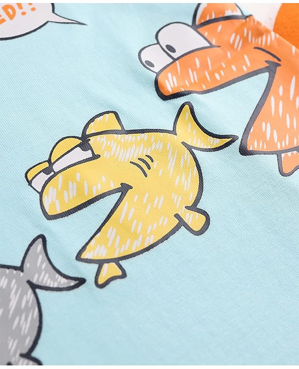 Babyhug 100% Cotton Knit Half Sleeves T-Shirt & Shorts Night Suit With Fish Print - Light Blue