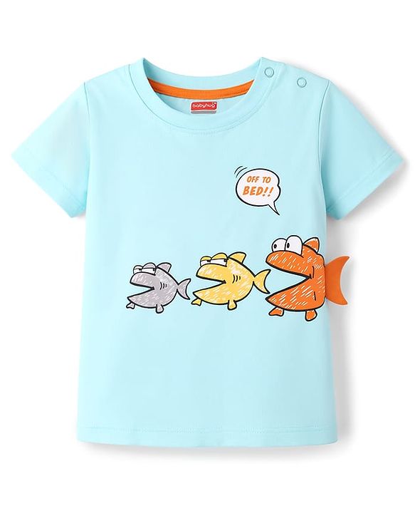 Babyhug 100% Cotton Knit Half Sleeves T-Shirt & Shorts Night Suit With Fish Print - Light Blue