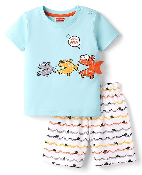 Babyhug 100% Cotton Knit Half Sleeves T-Shirt & Shorts Night Suit With Fish Print - Light Blue
