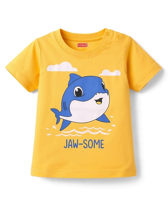 Babyhug 100% Cotton Knit Half Sleeves Sea Life Printed & Striped T-Shirt & Shorts Night Suit - Orange