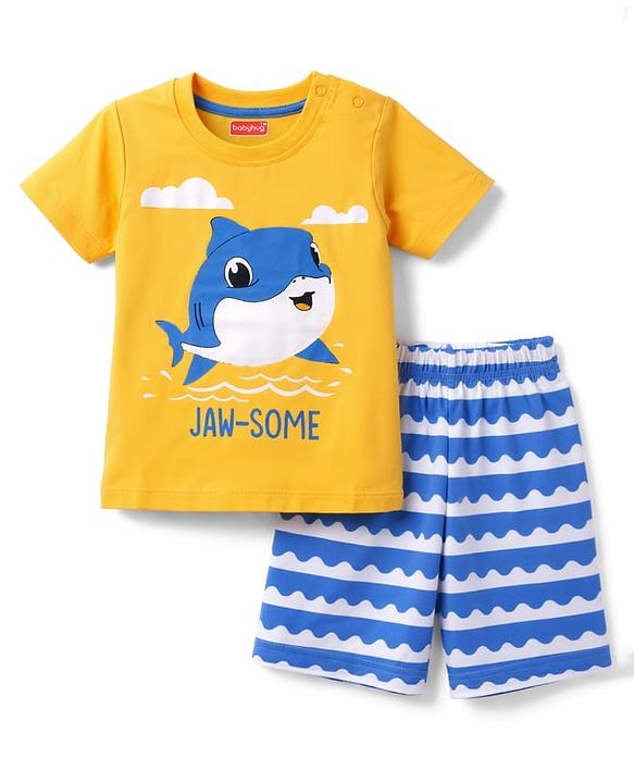 Babyhug 100% Cotton Knit Half Sleeves Sea Life Printed & Striped T-Shirt & Shorts Night Suit - Orange