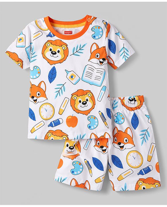 Babyhug 100% Cotton Knit Half Sleeves Co-Ord T-Shirt & Shorts Night Suit With Lion Print - White