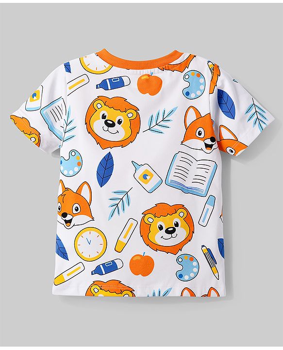 Babyhug 100% Cotton Knit Half Sleeves Co-Ord T-Shirt & Shorts Night Suit With Lion Print - White