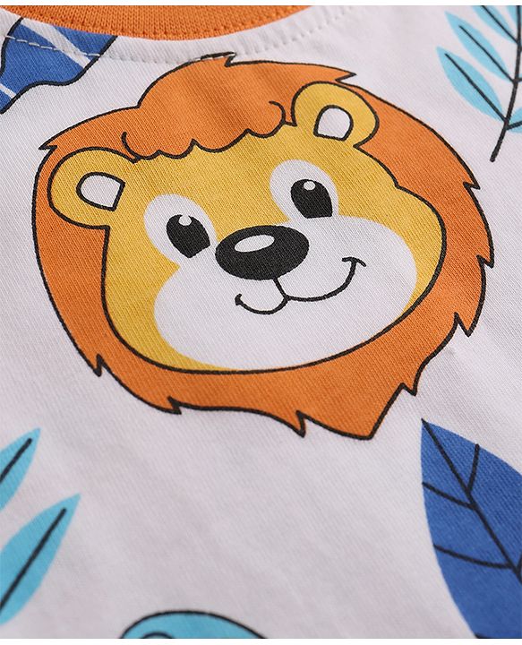 Babyhug 100% Cotton Knit Half Sleeves Co-Ord T-Shirt & Shorts Night Suit With Lion Print - White