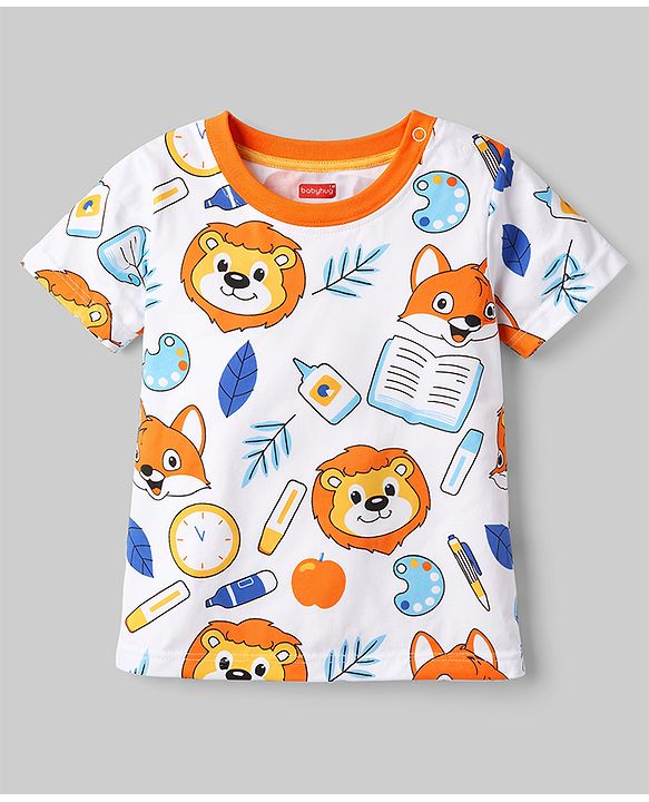 Babyhug 100% Cotton Knit Half Sleeves Co-Ord T-Shirt & Shorts Night Suit With Lion Print - White