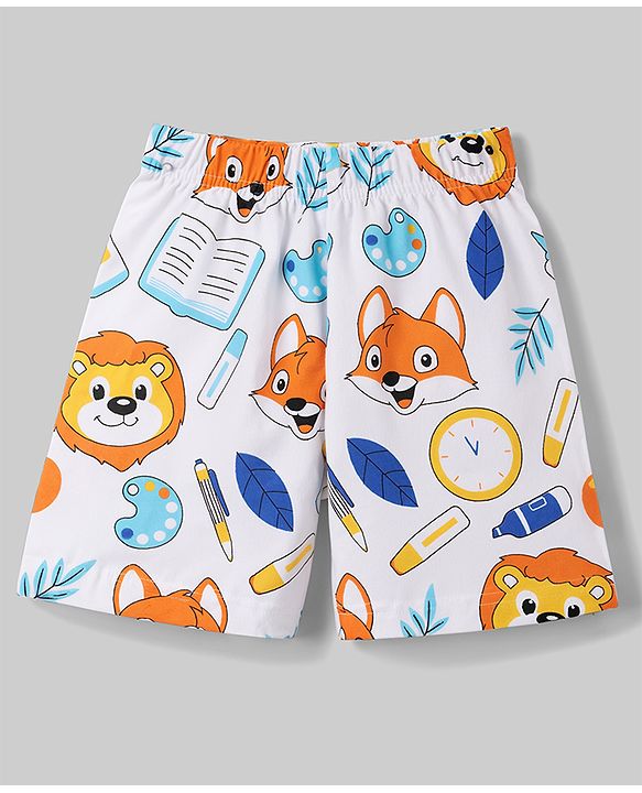 Babyhug 100% Cotton Knit Half Sleeves Co-Ord T-Shirt & Shorts Night Suit With Lion Print - White