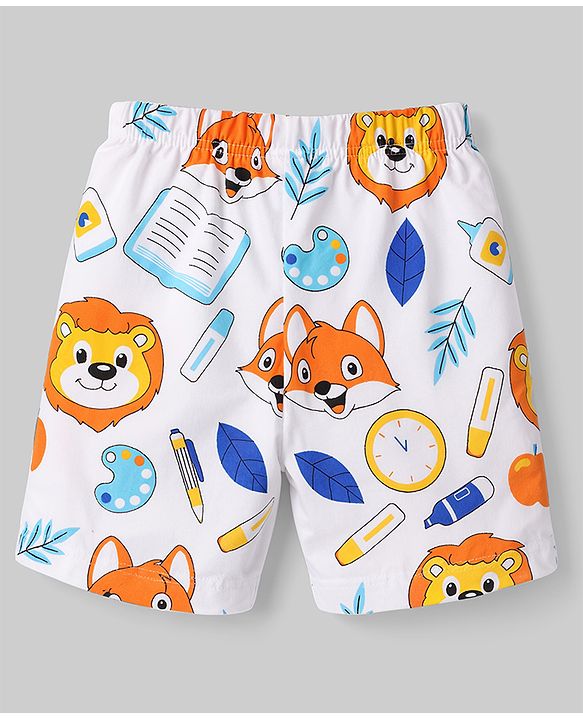 Babyhug 100% Cotton Knit Half Sleeves Co-Ord T-Shirt & Shorts Night Suit With Lion Print - White