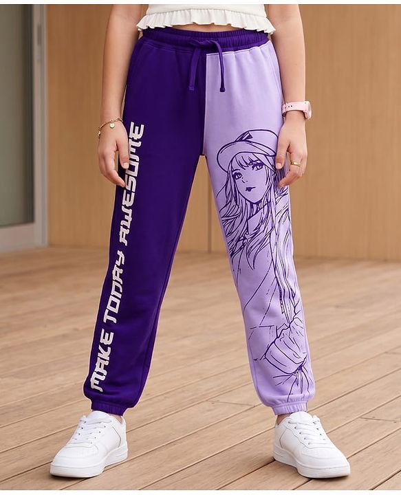 Pine Kids Cotton Knit Full Length Text & Girl Printed Lounge Pant - Violet