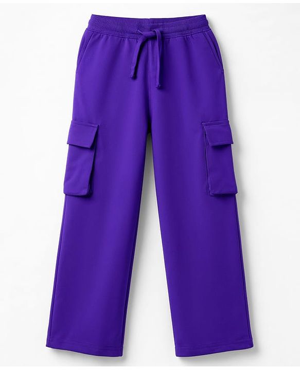 Pine Kids Cotton Knit Full Length Solid Track Pant With Cargo Pockets - Purple