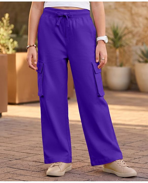 Pine Kids Cotton Knit Full Length Solid Track Pant With Cargo Pockets - Purple