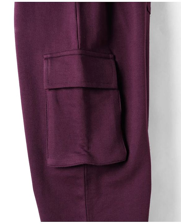 Pine Kids Cotton Knit Full Length Solid Track Pant With Cargo Pockets - Plum