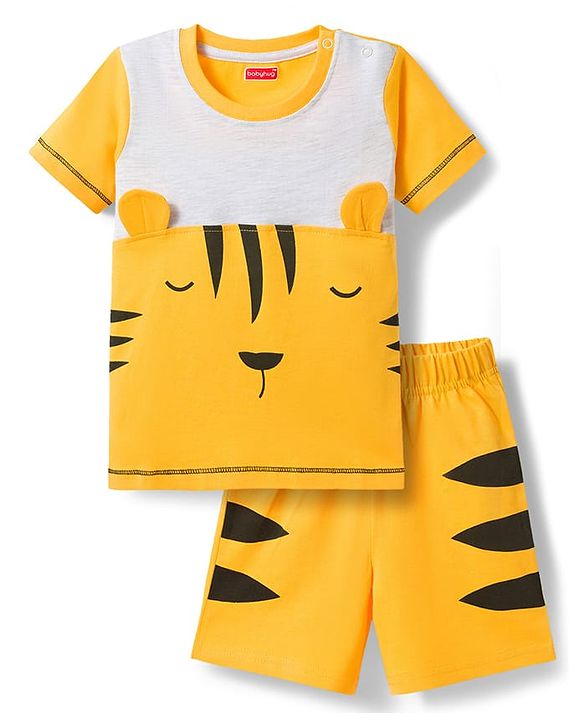 Babyhug 100% Cotton Knit Half Sleeves T-Shirt & Shorts Night Suit With Tiger Print & Applique - Yellow