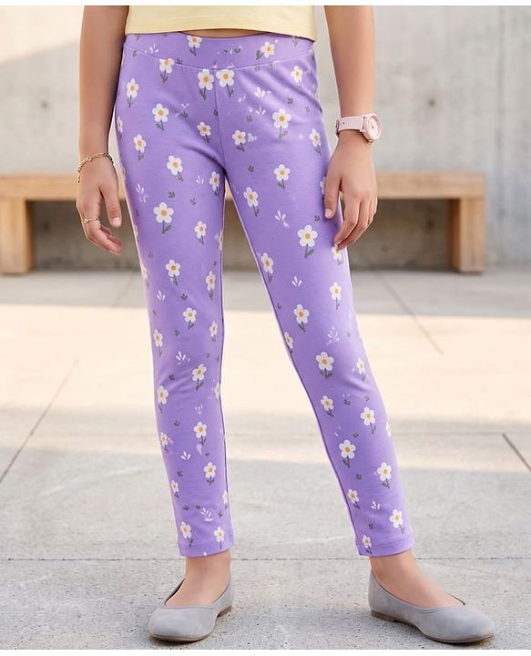 Pine Kids Cotton Lycra Knit Full Length Leggings with Floral Print - Lavender