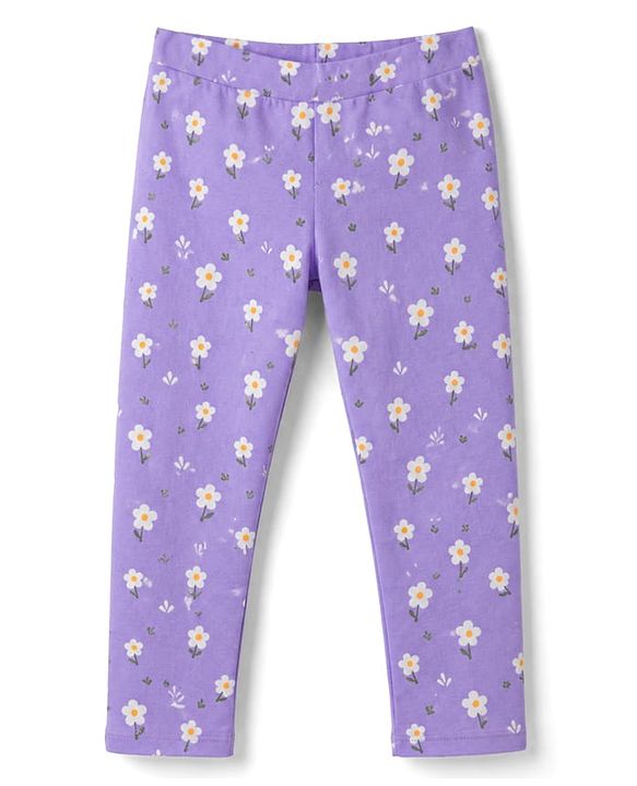 Pine Kids Cotton Lycra Knit Full Length Leggings with Floral Print - Lavender