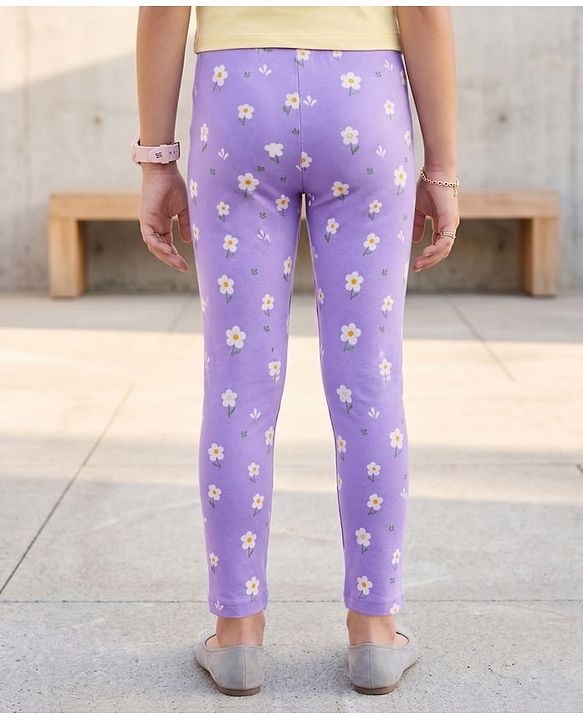 Pine Kids Cotton Lycra Knit Full Length Leggings with Floral Print - Lavender