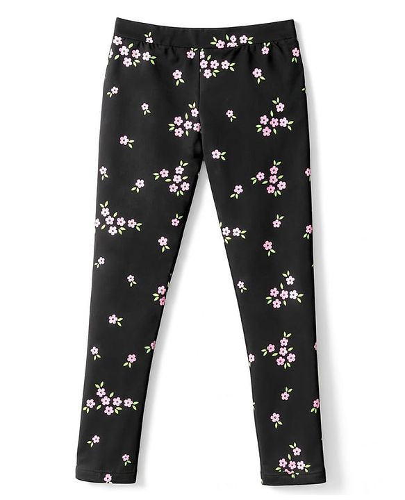 Pine Kids Cotton Lycra Knit Full Length Floral Printed Leggings With Stretch - Black