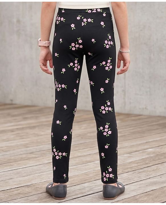 Pine Kids Cotton Lycra Knit Full Length Floral Printed Leggings With Stretch - Black