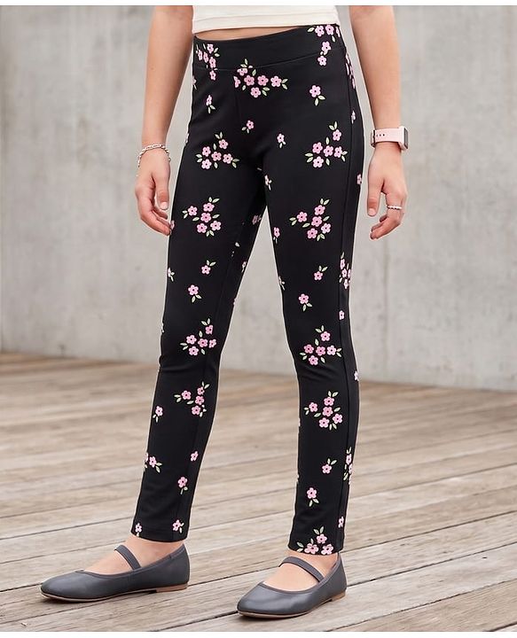 Pine Kids Cotton Lycra Knit Full Length Floral Printed Leggings With Stretch - Black