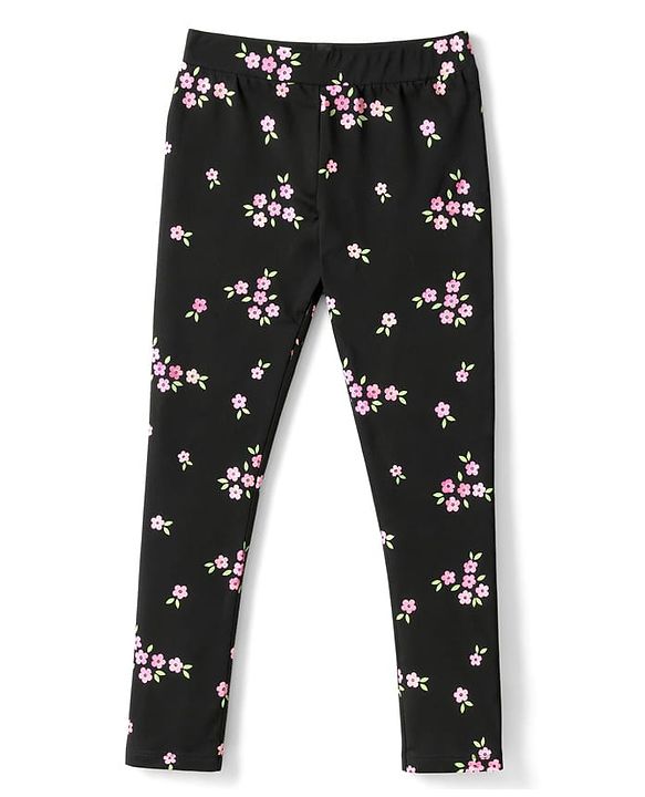 Pine Kids Cotton Lycra Knit Full Length Floral Printed Leggings With Stretch - Black