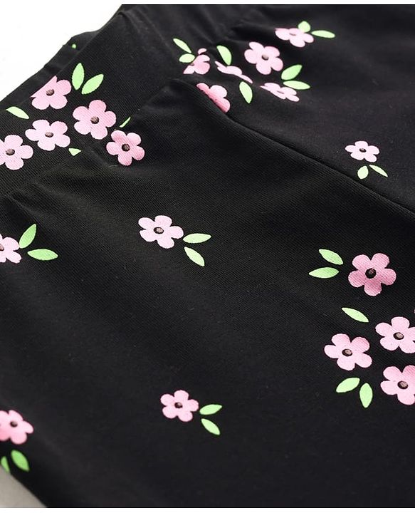 Pine Kids Cotton Lycra Knit Full Length Floral Printed Leggings With Stretch - Black