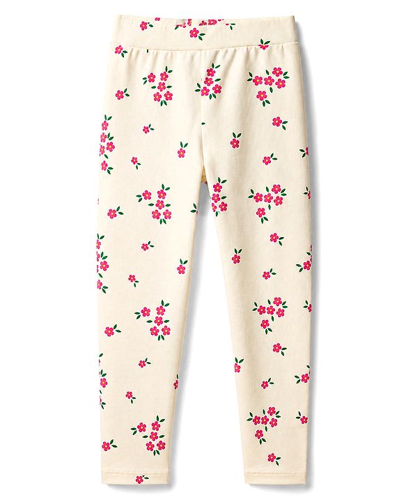 Pine Kids Cotton Lycra Knit Full Length Floral Printed Leggings With Stretch - Ivory