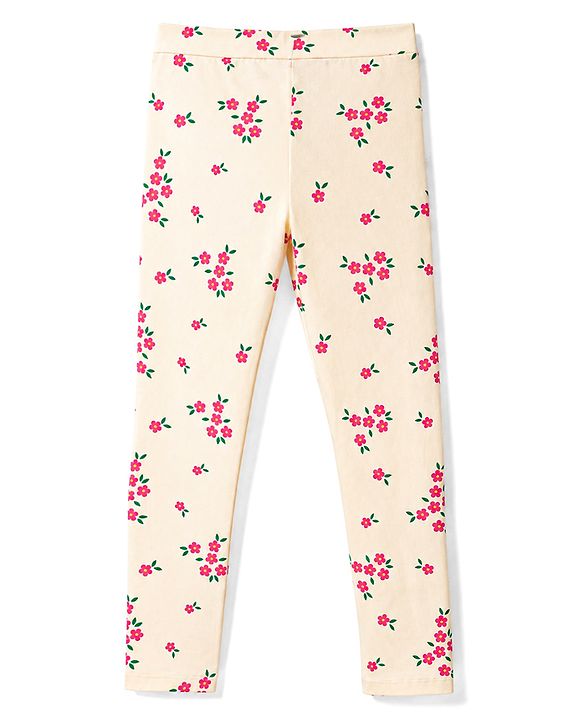 Pine Kids Cotton Lycra Knit Full Length Floral Printed Leggings With Stretch - Ivory