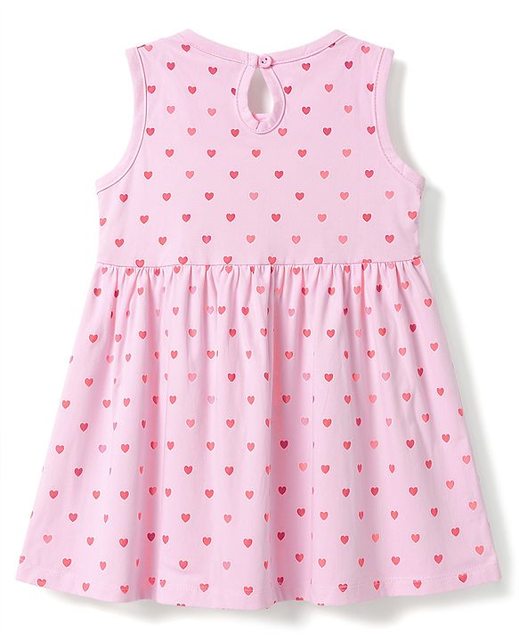 Babyhug Single Jersey Knit Sleeveless Flared One Piece Dress With Heart Print - Pink