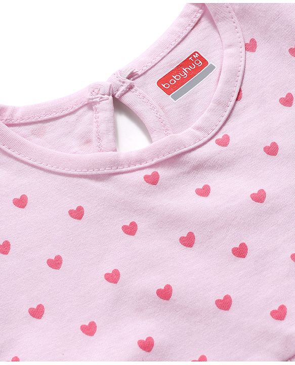 Babyhug Single Jersey Knit Sleeveless Flared One Piece Dress With Heart Print - Pink