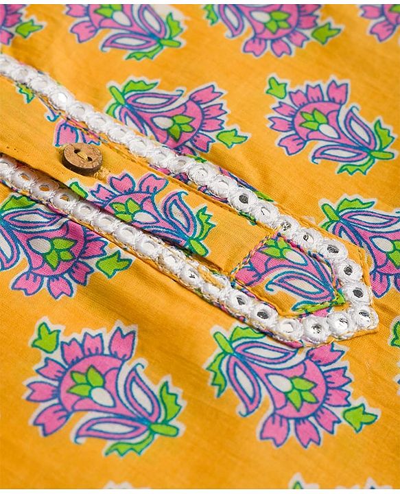 Babyhug 100% Cotton Cambric Woven Full Sleeves Floral Printed Kurta & Pyjama Set - Yellow