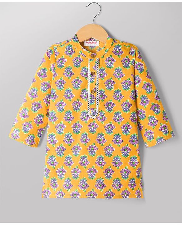 Babyhug 100% Cotton Cambric Woven Full Sleeves Floral Printed Kurta & Pyjama Set - Yellow