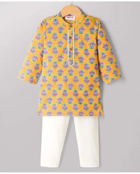 Babyhug 100% Cotton Cambric Woven Full Sleeves Floral Printed Kurta & Pyjama Set - Yellow
