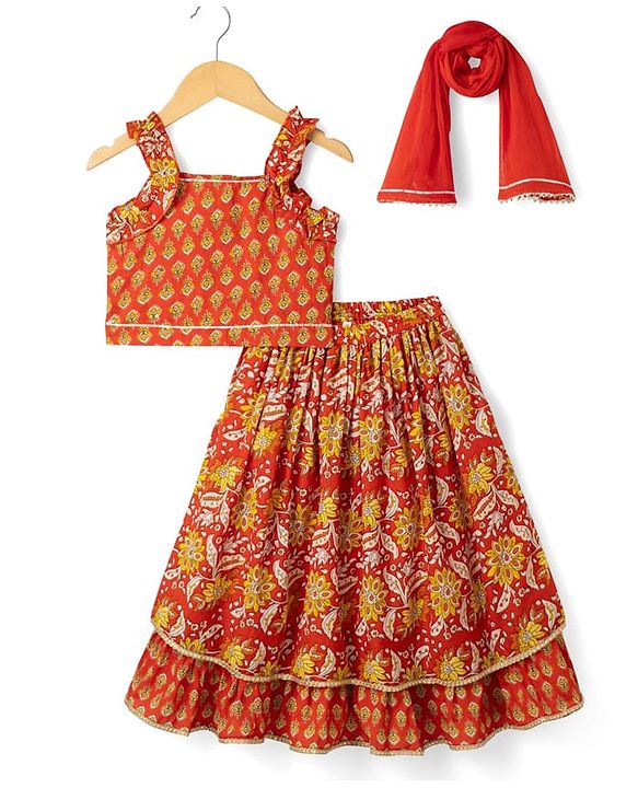Babyhug 100% Cotton Cambric Woven Sleeveless Floral Printed Lehenga Choli Set With Dupatta - Red