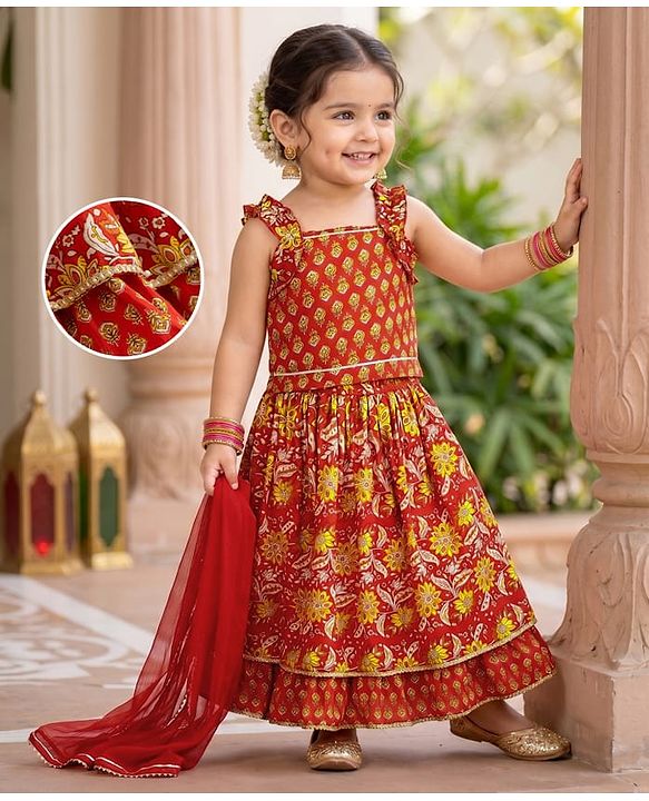 Babyhug 100% Cotton Cambric Woven Sleeveless Floral Printed Lehenga Choli Set With Dupatta - Red