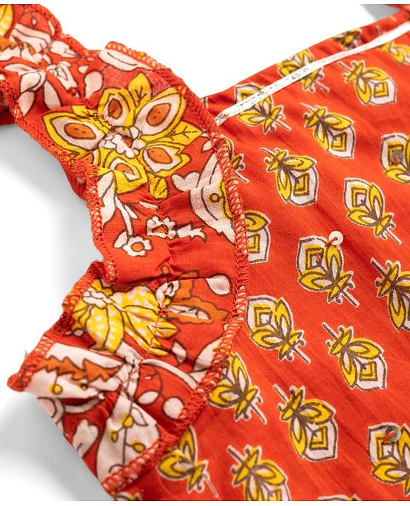 Babyhug 100% Cotton Cambric Woven Sleeveless Floral Printed Lehenga Choli Set With Dupatta - Red