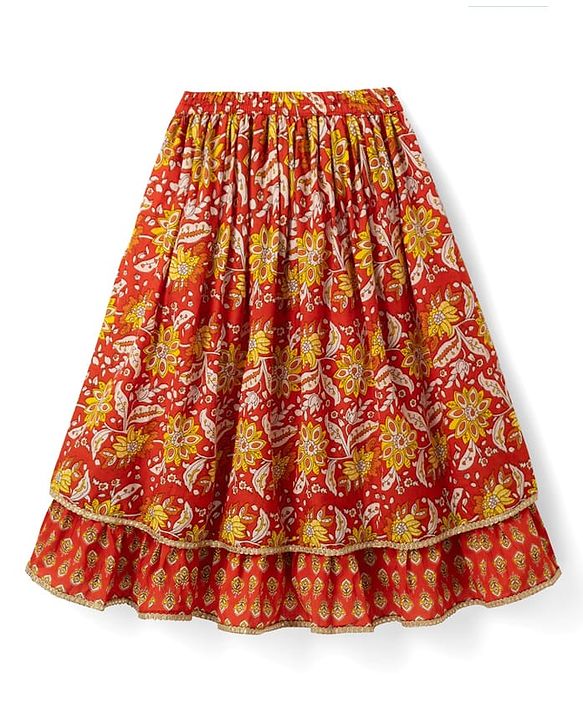 Babyhug 100% Cotton Cambric Woven Sleeveless Floral Printed Lehenga Choli Set With Dupatta - Red