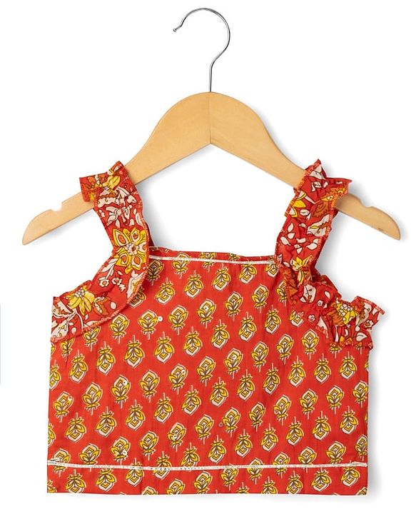 Babyhug 100% Cotton Cambric Woven Sleeveless Floral Printed Lehenga Choli Set With Dupatta - Red