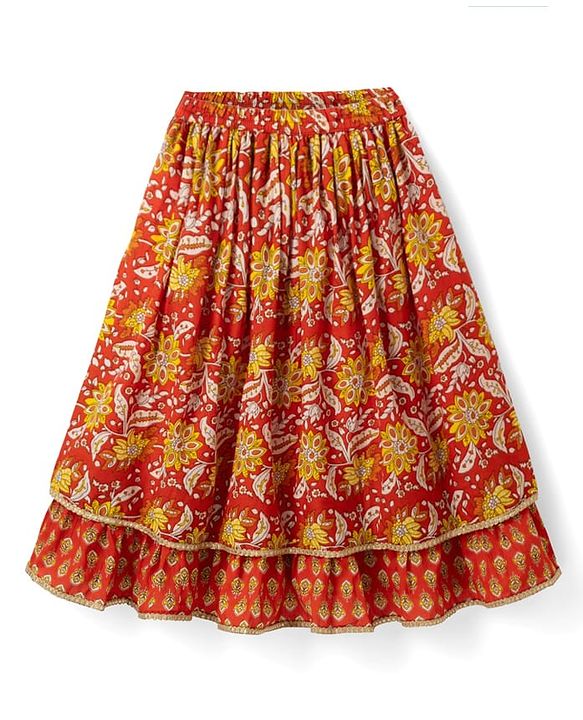 Babyhug 100% Cotton Cambric Woven Sleeveless Floral Printed Lehenga Choli Set With Dupatta - Red