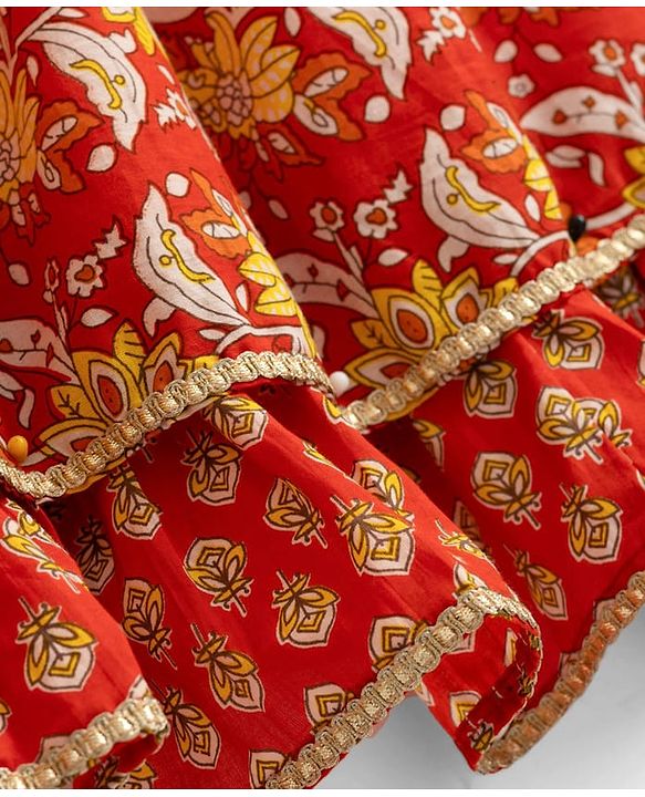 Babyhug 100% Cotton Cambric Woven Sleeveless Floral Printed Lehenga Choli Set With Dupatta - Red