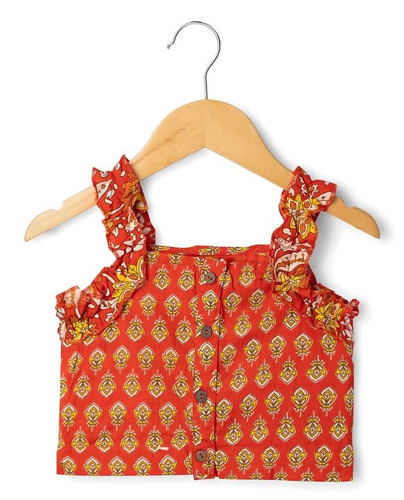 Babyhug 100% Cotton Cambric Woven Sleeveless Floral Printed Lehenga Choli Set With Dupatta - Red