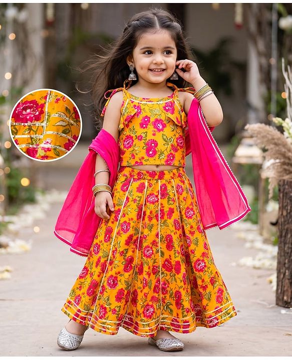 Babyhug 100% Cotton Cambric Woven Sleeveless Floral Printed Choli & Lehenga Set With Dupatta - Mustard