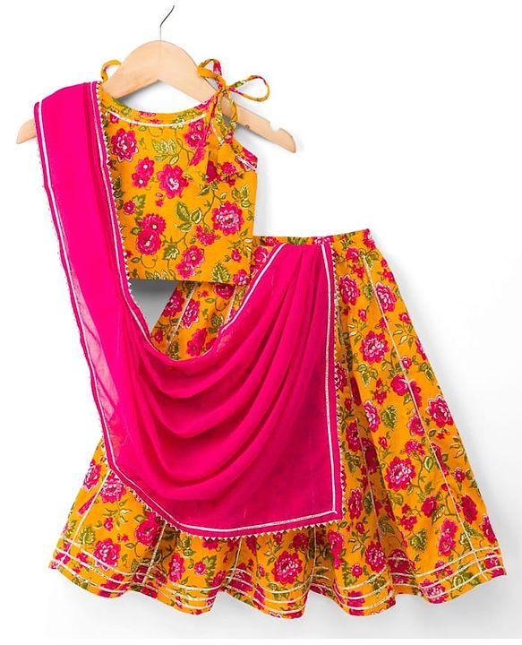 Babyhug 100% Cotton Cambric Woven Sleeveless Floral Printed Choli & Lehenga Set With Dupatta - Mustard