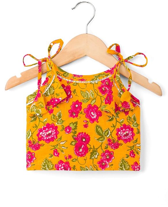 Babyhug 100% Cotton Cambric Woven Sleeveless Floral Printed Choli & Lehenga Set With Dupatta - Mustard