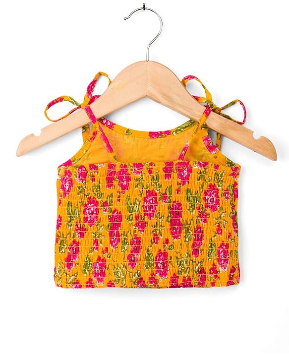Babyhug 100% Cotton Cambric Woven Sleeveless Floral Printed Choli & Lehenga Set With Dupatta - Mustard