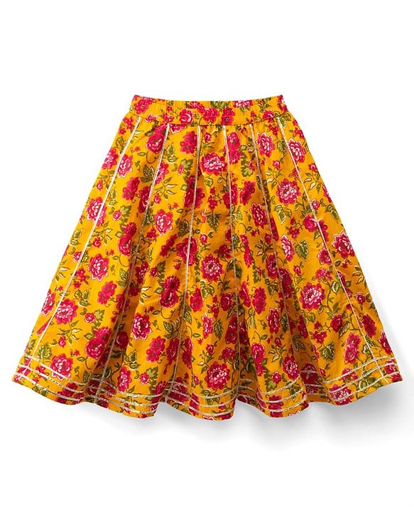 Babyhug 100% Cotton Cambric Woven Sleeveless Floral Printed Choli & Lehenga Set With Dupatta - Mustard