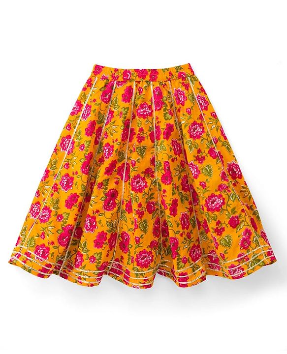 Babyhug 100% Cotton Cambric Woven Sleeveless Floral Printed Choli & Lehenga Set With Dupatta - Mustard