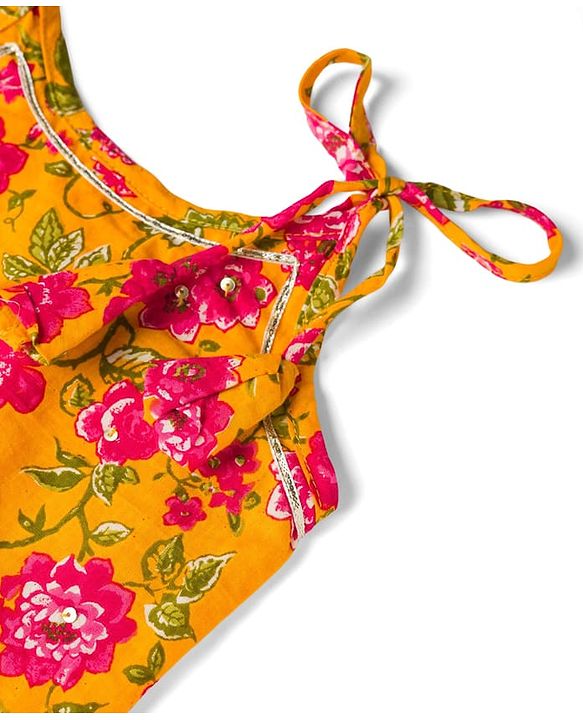 Babyhug 100% Cotton Cambric Woven Sleeveless Floral Printed Choli & Lehenga Set With Dupatta - Mustard